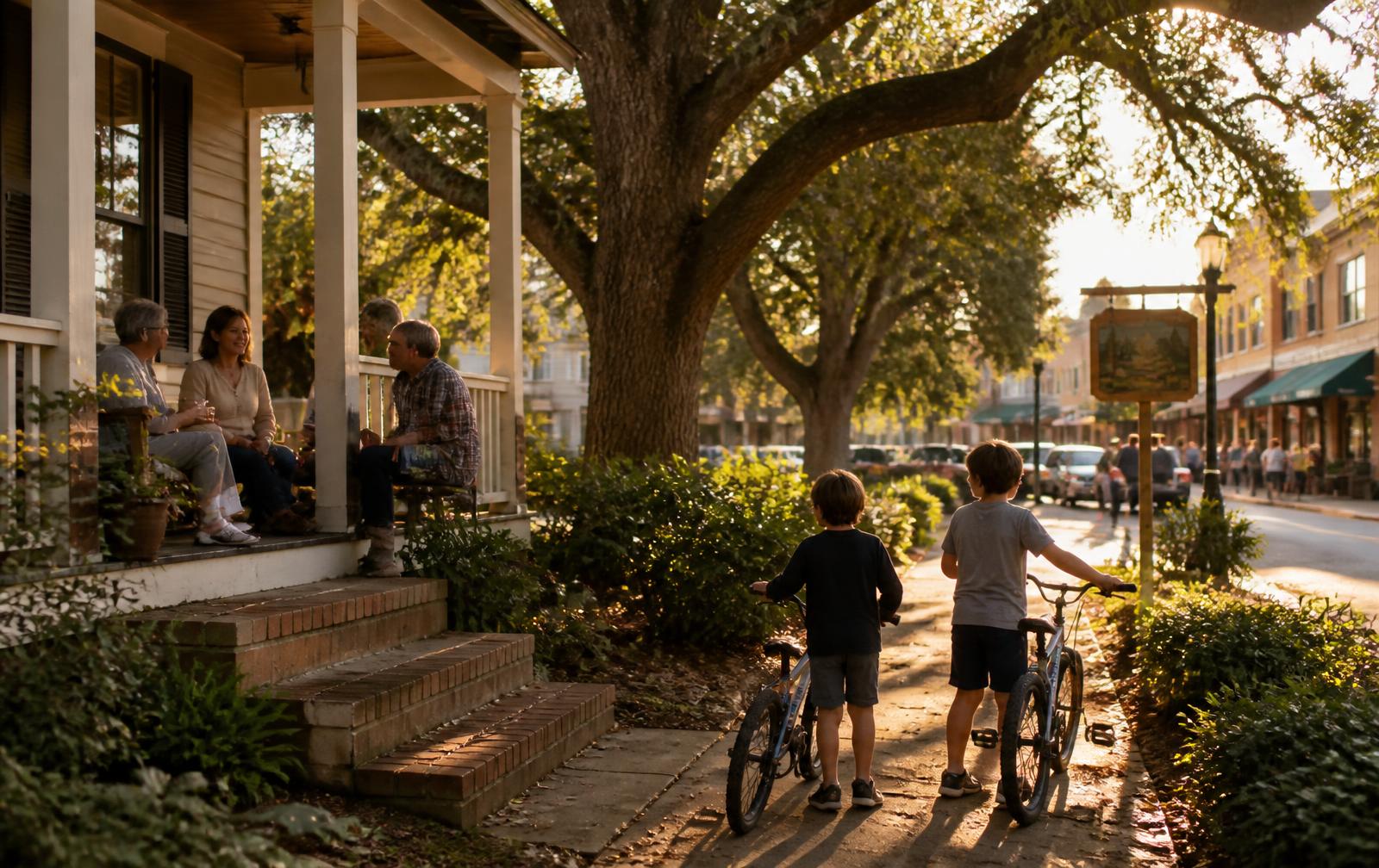 Neighbors talking on a front porch while kids walk their bikes down a tree-lined street
